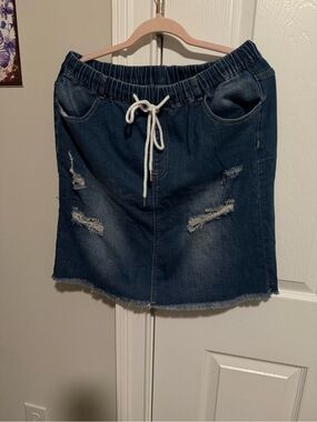 SHEIN Dark Blue Distressed Denim Mini Skirt with Drawstring